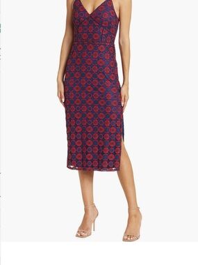 NSR Navy and Red Lace-Overlay Midi Dress